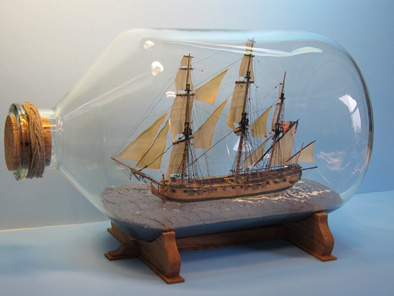 Raleigh, Continental frigate, Ship in bottle, 2020; Alexander F. Bellinger; Newburyport, MA; Oak, pine, boxwood, ebony, holly, pine, pearwood,paper, thread, glazing putty, oil paint; 10 litre bottle 15