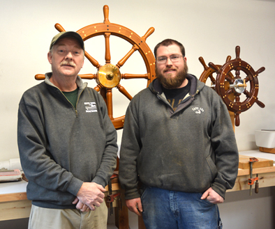 Bob Fuller and his apprentice John O'Rourke, Marine joinery, 2017; Halifax, Massachusetts; Photography by Maggie Holtzberg