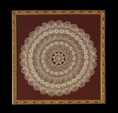 Doily, Armenian needle lace, c. 1950s; Almas Boghosian (b. 1907); Whitinsville, Massachusetts; Cotton and polyester thread; 11 5/8 x 11 5/8 x 3/4 in. framed; 9-1/2 in. diam. Unframed; Collection of the artist; Photography by Jason Dowdle