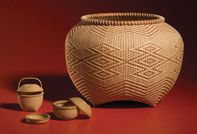 Jewel, 1999, Charm, 2001, and Cherry Jubilee, 2006, Shaker and New England basketry, ; JoAnn Kelly Catsos (b. 1956); Ashley Falls, Massachusetts; Black ash splint; Overall: 6 7/8 x 9 3/8 in.; Private Collection; Photography by Jason Dowdle