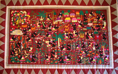Storycloth with traditional scene, Hmong needlework, 2011; Choua Yang (b. 1960); Orchard Hill; cotton, thread; Photography by Kate Kruckemeyer