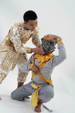 Samnang Hor (left) teaching the monkey dance. Photo by James Higgins, Cambodian dance, 2007; Lowell, Massachusetts;