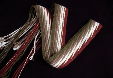 Lightning sash, finger woven, Wampanoag woven textiles, 2013; Elizabeth James-Perry (b. 1973); N. Dartmouth; Persian 3-ply wool; 3 1/4