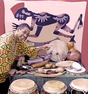 Jorge Santiago Arce with a display of percussion instruments, Puerto Rican Musician, 2011; Jorge L. Santiago-Arce (b. 1950); Roxbury, Massachusetts;