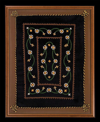 Pillowcase, Armenian embroidery, 1951; Anahid Kazazian (b. 1934); Lexington, Massachusetts; Velvet, cotton thread; 30 x 24 x 1 1/2 in. framed; Collection of the artist; Photography by Jason Dowdle