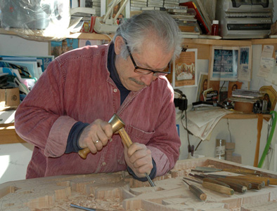 Dimitrios Klitsas carving at his bench, Ornamental woodcarving apprenticeship, 2014; Hampden, Massachusetts; Photography by Maggie Holtzberg