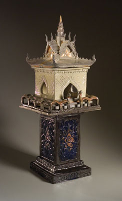 Spirit House, Cambodian ceramic sculpture, 2007; Yary Livan (b. 1954); Lowell, Massachusetts; White stoneware clay, glaze; 38 1/4 x 12 1/2 x 12 1/2 in.; Collection of the artist; Photography by Jason Dowdle