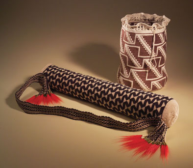 Quiver, 2005 and Food Storage Basket, 1998, Wampanoag twined basketry, ; Julia Marden (b. 1962); Falmouth, Massachusetts (now living in Vermont); Natural linen twine; Quiver: 3 1/2 in. diam. x 22 1/2 in. Basket: 11 x 7 1/2 diam. at base; Collection of Mashantukcet Pequot Museum; Photography by Jason Dowdle