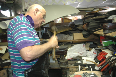 Arthur Poitras at the cobbler's bench, Custom built shoes, 2012; Arthur Poitras Cobbler Shop; Lowell, Massachusetts;