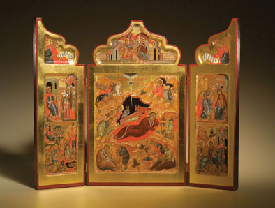 Triptych of the Holy Nativity of Christ, Russian icon, 2000; Ksenia Pokrovsky (b. 1942); Sharon, Massachusetts; Egg tempera, mineral pigments, gold leaf, wood; 14 1/2 x 17 5/8 x 1 in. open; Collection of the artist; Photography by Jason Dowdle