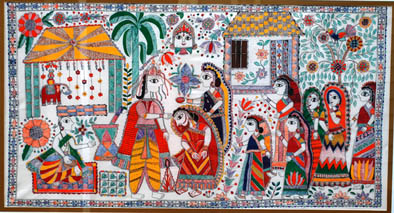 Traditional Indian Wedding, Madhubani painting, 2009; Sunanda Sahay; Acton, Massachusetts; Acrylic over fabric; 34 x 19 in.;