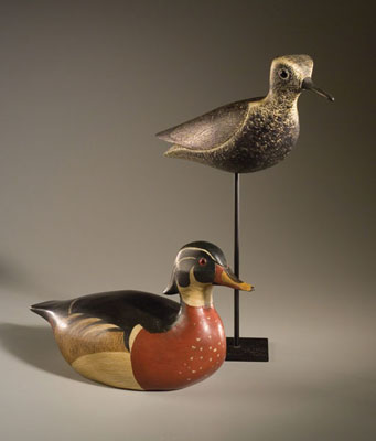 Wood Duck Drake, 1986 and Black-Bellied Plover, 1993, Working decoy, ; William D. Sarni (b. 1942); Hingham, Massachusetts; Wood, paint; Wood duck: 5 3/4 x 13 x 6 1/2 in. Shorebird: 14 1/4 x 12 1/2 x 3 1/2 in.; Collection of the artist; Photography by Jason Dowdle