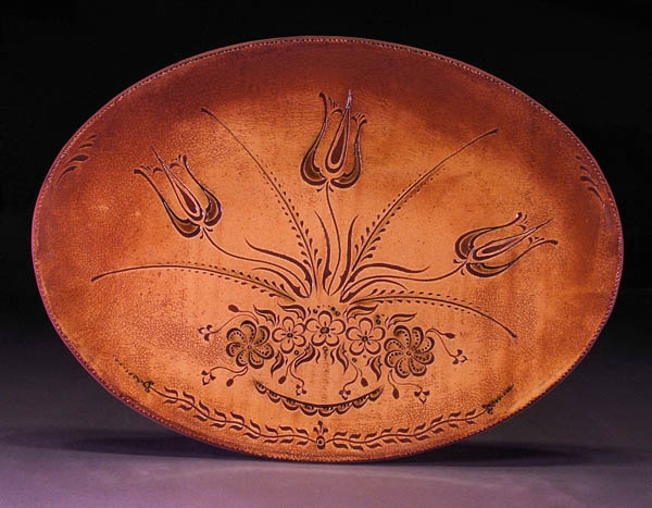 Sgraffito decorated floral platter, Redware pottery, 2009; Stephen Earp; Shelburne Falls, Massahcusetts; Clay, glaze; 14 x 19 in.;