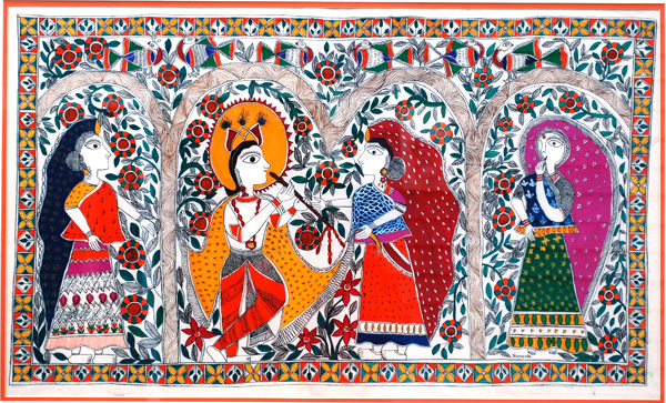 Krishna Charms Gopis with his Flute, North Indian Mithila art, 2016; Acton, Massachusetts;