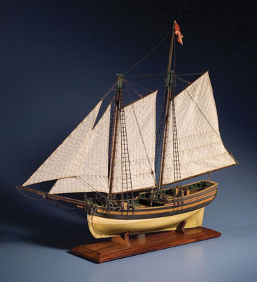 The Schooner Primrose of Marblehead, Full-hull ship model, 2002; Mark A. Sutherland (b. 1954); Concord, Massachusetts; Wood, cotton; 31 3/4 x 39 x 7 1/2 in; Collection of the artist; Photography by Jason Dowdle