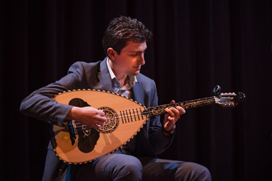 Vasileios Kostas performing on the laouto. Photo by Mathew Muise, Musician, 2020; Vasileios Kostas; Chestnut Hill, MA;