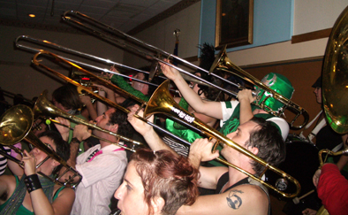 Trombone section, Festival and parade, 2008; HONK! Festival of Activist Street Bands; Somerville, Massachusetts;