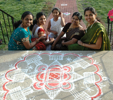 Members of Tamil Takkal Mandram with kolam by Priya Govindarajam, Kolam art, 2016; Tamil Takkal Mandram, Inc.; Newton, Massachusetts; Photography by Maggie Holtzberg
