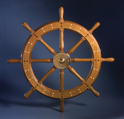 Gurnet Point ship's wheel; Marine joinery; 2007: Halifax, Massachusetts; Wood and brass fitting; 36 1/4 diam x 4 7/8