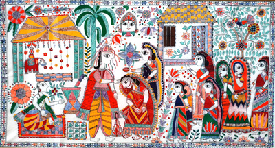 Traditional Indian marriage; North Indian Mithila art; 2016: Acton, Massachusetts; Acrylic on paper